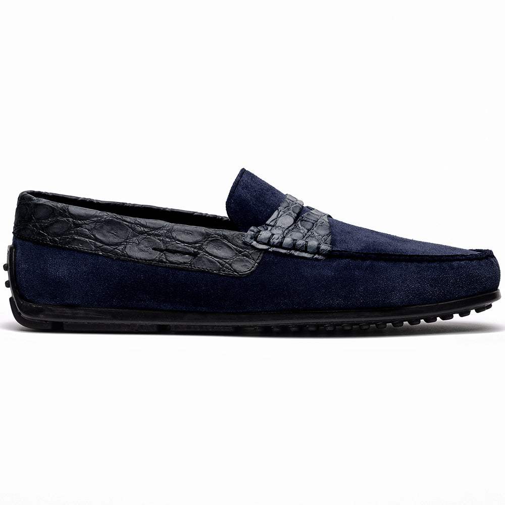 31-160-NVY MONZA Sueded Calfskin with Crocodile Driver, Navy - Zelli Italia - Flyclothing LLC