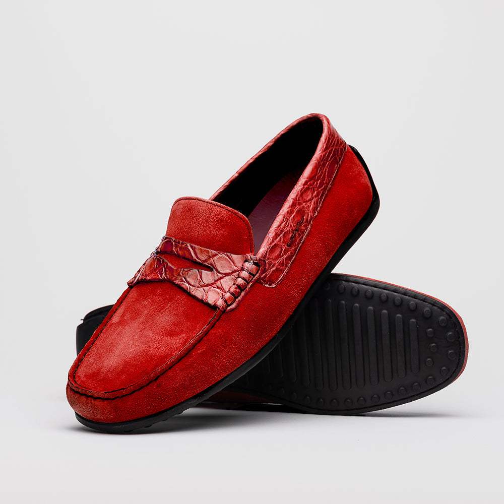 31-160-RED MONZA Sueded Calfskin with Crocodile Driver, Red - Zelli Italia - Flyclothing LLC