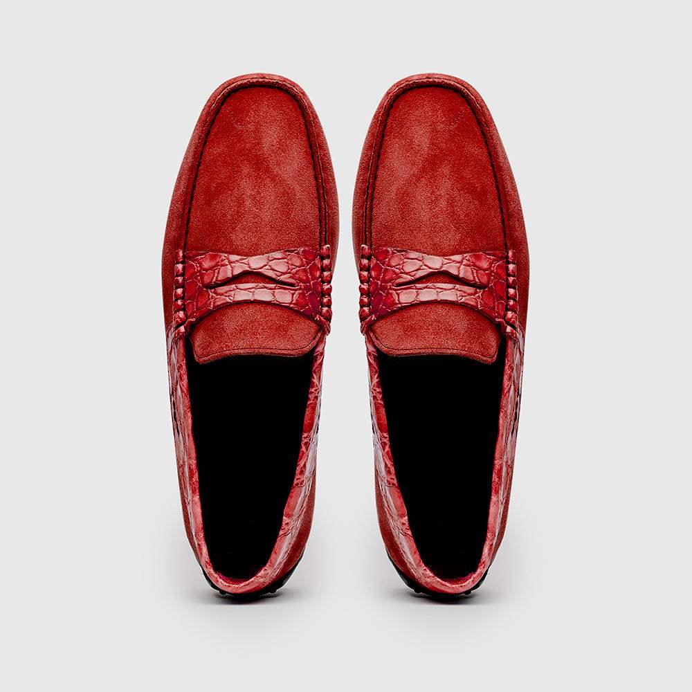 31-160-RED MONZA Sueded Calfskin with Crocodile Driver, Red - Zelli Italia - Flyclothing LLC