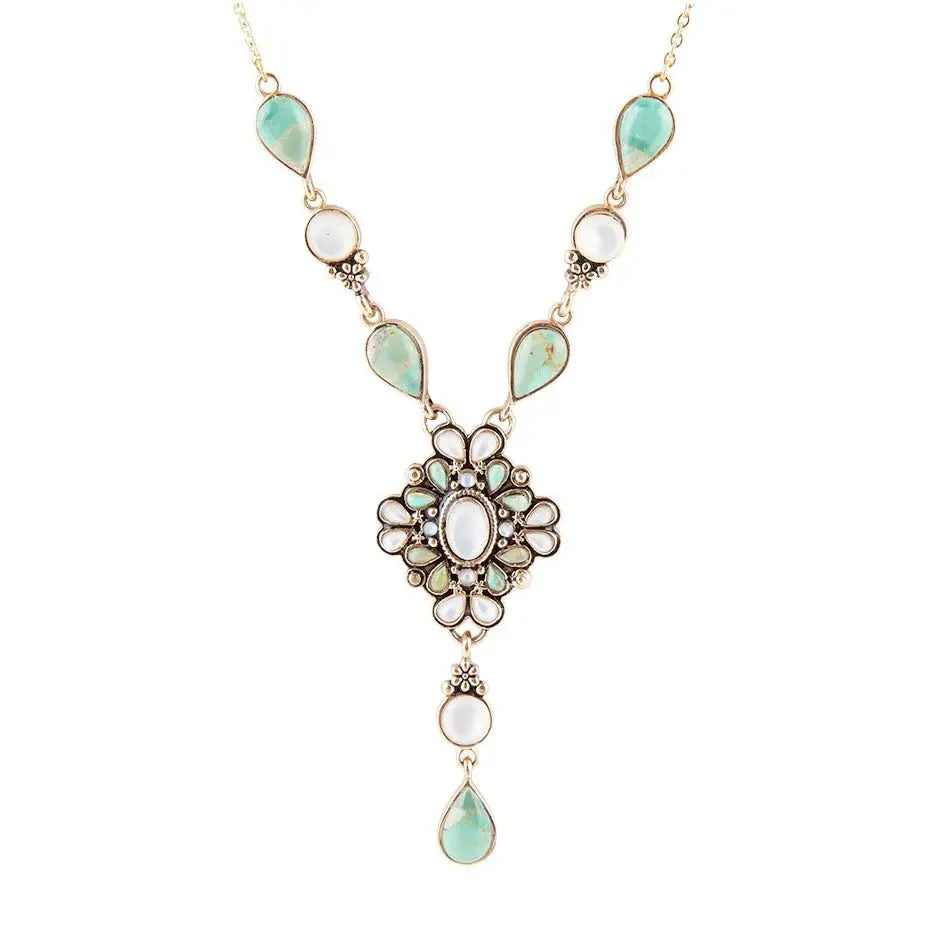 White Mother of Pearl and Blue Turquoise Golden Barcelona Y-Necklace - Barse Jewelry - Flyclothing LLC