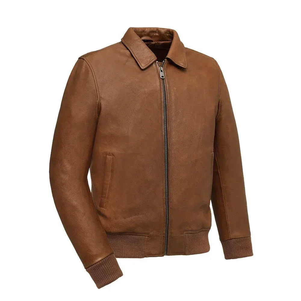 Moto Bomber - Men's Leather Jacket Cognac and Oxblood - First Manufacturing Company - Flyclothing LLC
