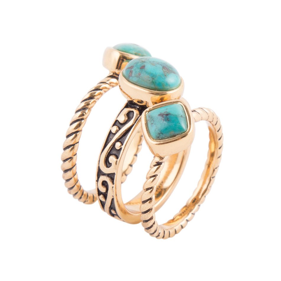 Multi-Shape Blue Turquoise and Golden Trio Ring Set - Barse Jewelry
