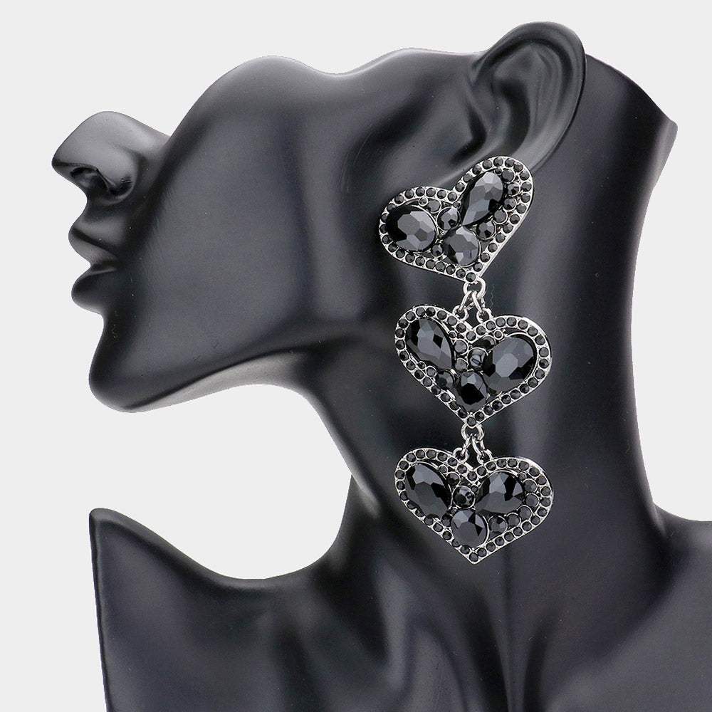 Multi Stone Embellished Triple Heart Dangle Evening Earrings - Madeline Love - Flyclothing LLC