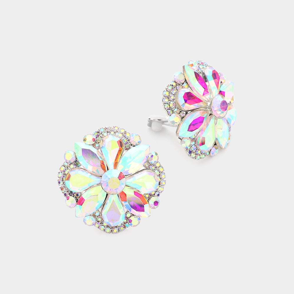 Multi Stone Floral Clip on Evening Earrings - Madeline Love - Flyclothing LLC