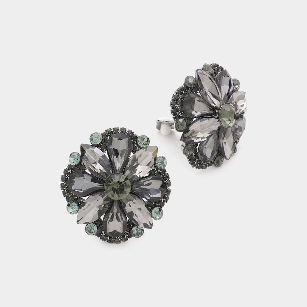Multi Stone Floral Clip on Evening Earrings - Madeline Love - Flyclothing LLC