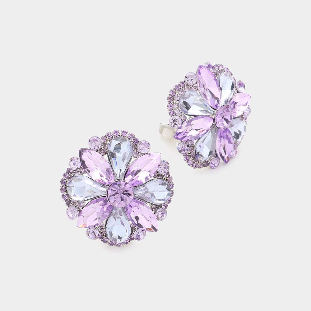 Multi Stone Floral Clip on Evening Earrings - Madeline Love - Flyclothing LLC
