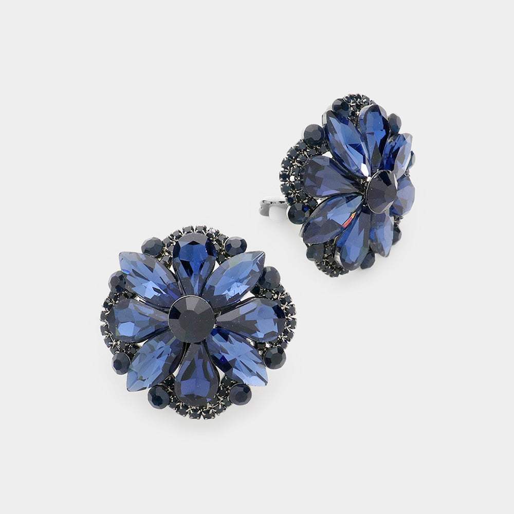 Multi Stone Floral Clip on Evening Earrings - Madeline Love - Flyclothing LLC
