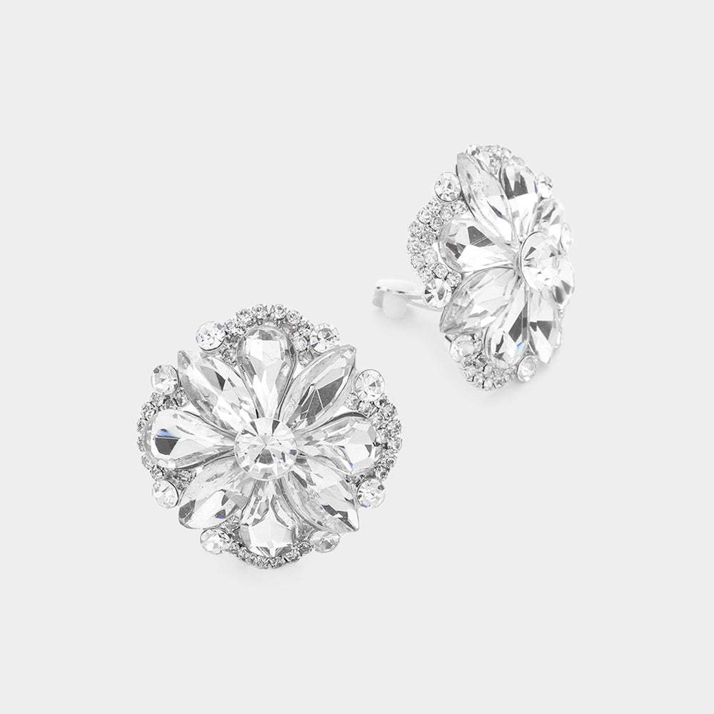 Multi Stone Floral Clip on Evening Earrings - Madeline Love - Flyclothing LLC