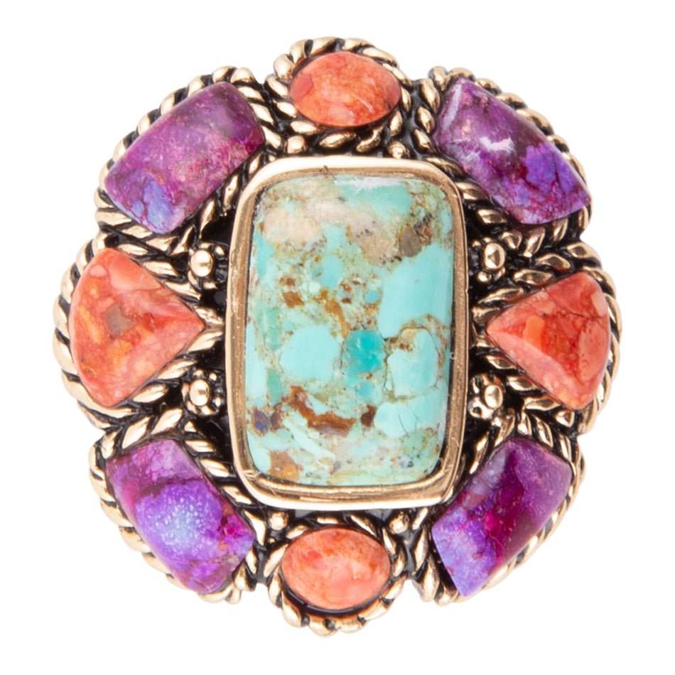 Blue Turquoise Colorful Floral Golden Ring - Barse Jewelry - Flyclothing LLC