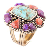 Blue Turquoise Colorful Floral Golden Ring - Barse Jewelry
