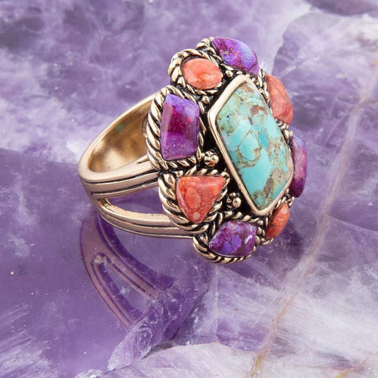 Blue Turquoise Colorful Floral Golden Ring - Barse Jewelry - Flyclothing LLC