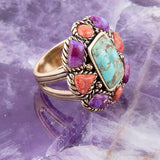 Blue Turquoise Colorful Floral Golden Ring - Barse Jewelry