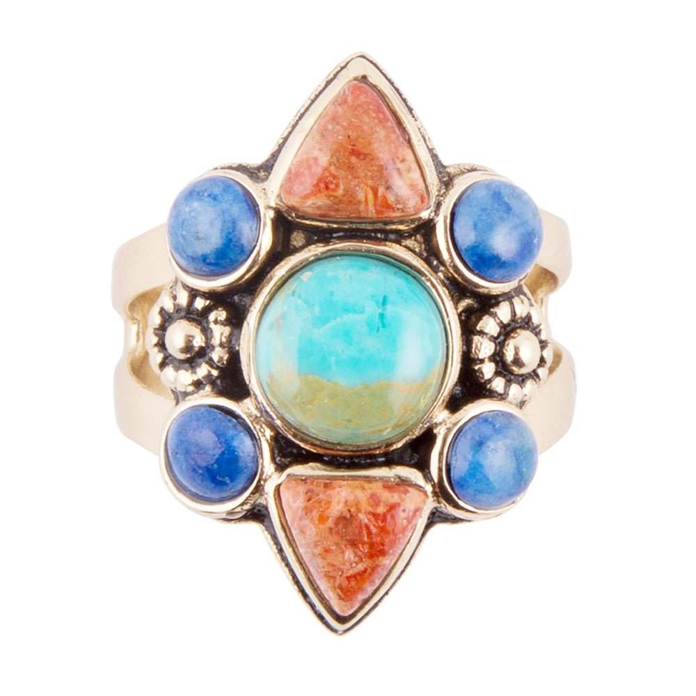Blue Turquoise and Colorful Multi-Stone Golden Statement Ring - Barse Jewelry - Flyclothing LLC