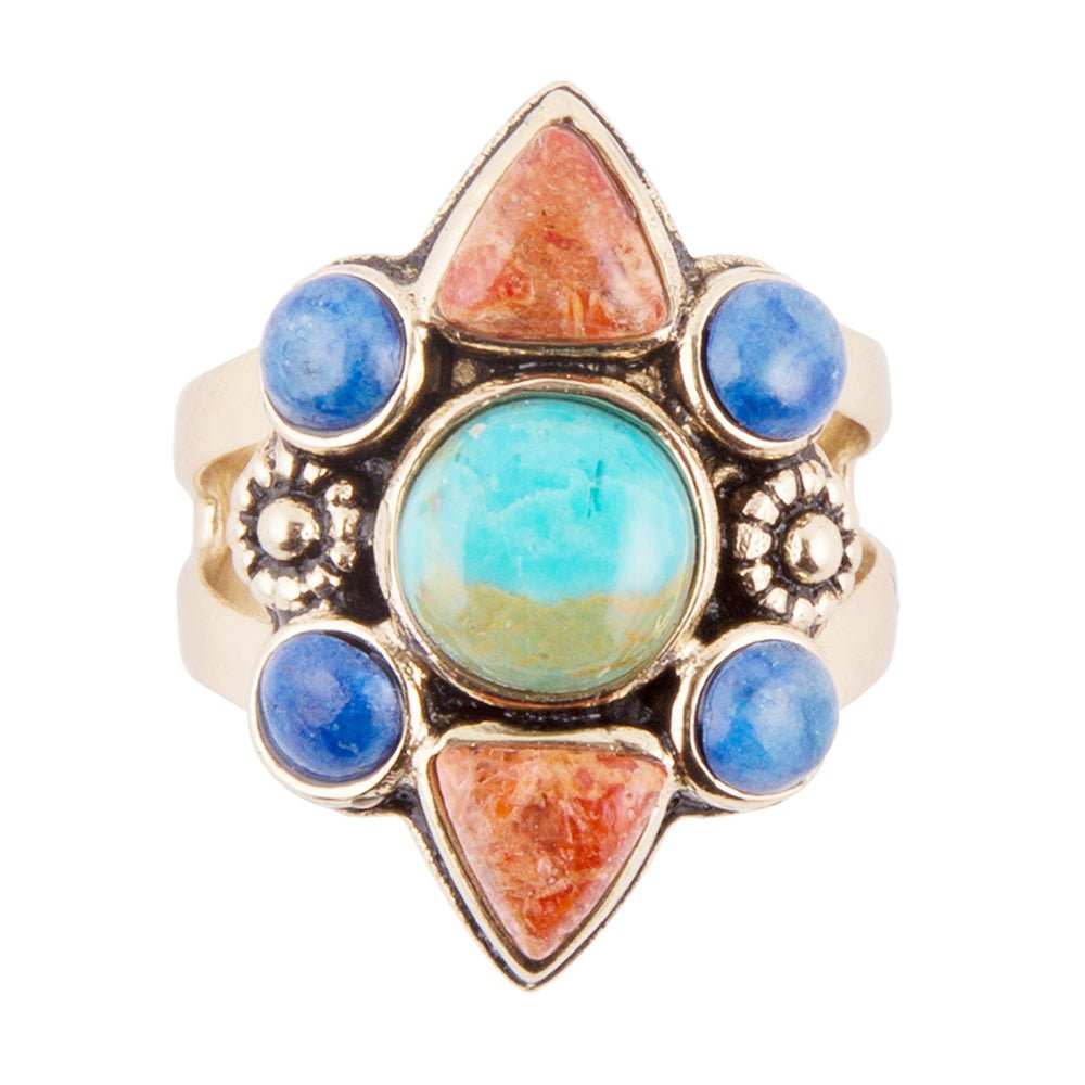 Blue Turquoise and Colorful Multi-Stone Golden Statement Ring - Barse Jewelry - Flyclothing LLC