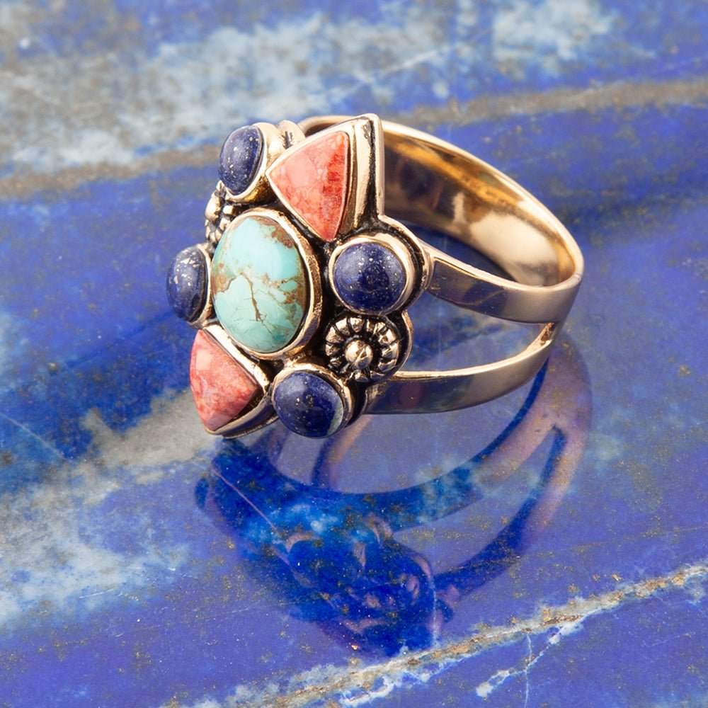 Blue Turquoise and Colorful Multi-Stone Golden Statement Ring - Barse Jewelry - Flyclothing LLC