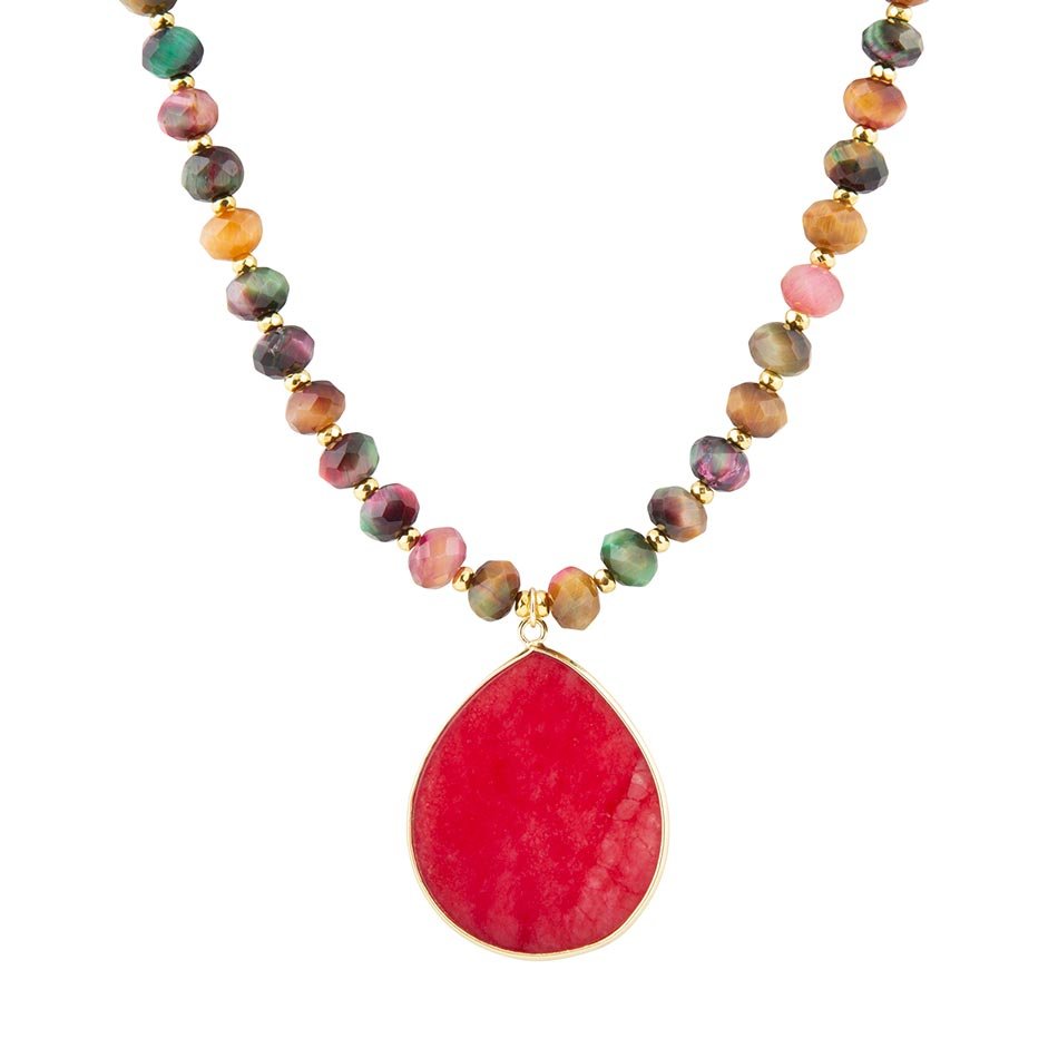 Jeweled Multicolor Tiger's Eye and Pink Jade Pendant Golden Necklace - Barse Jewelry