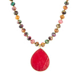 Jeweled Multicolor Tiger's Eye and Pink Jade Pendant Golden Necklace - Barse Jewelry