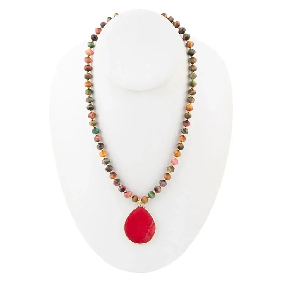 Jeweled Multicolor Tiger's Eye and Pink Jade Pendant Golden Necklace - Barse Jewelry - Flyclothing LLC