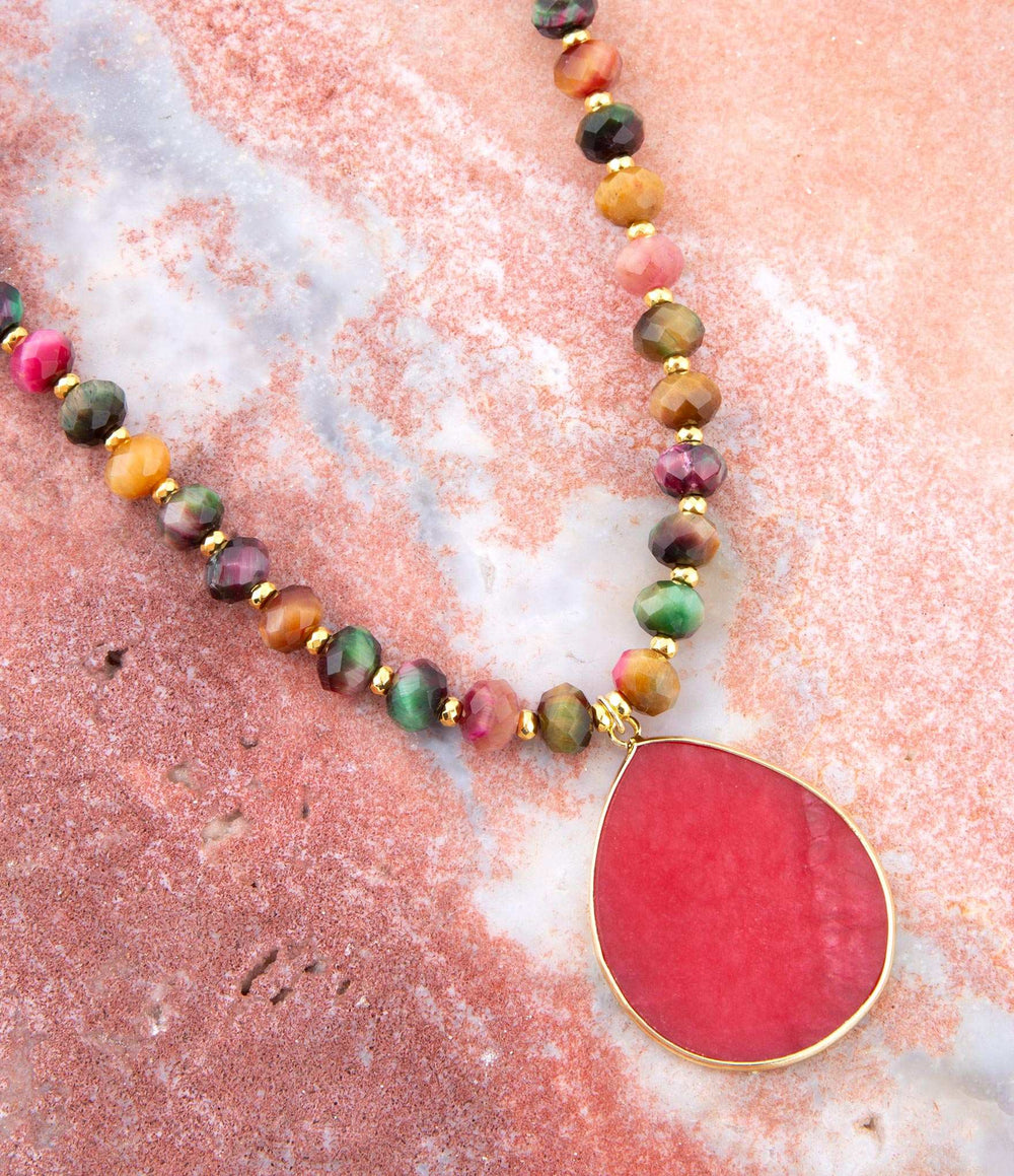 Jeweled Multicolor Tiger's Eye and Pink Jade Pendant Golden Necklace - Barse Jewelry - Flyclothing LLC