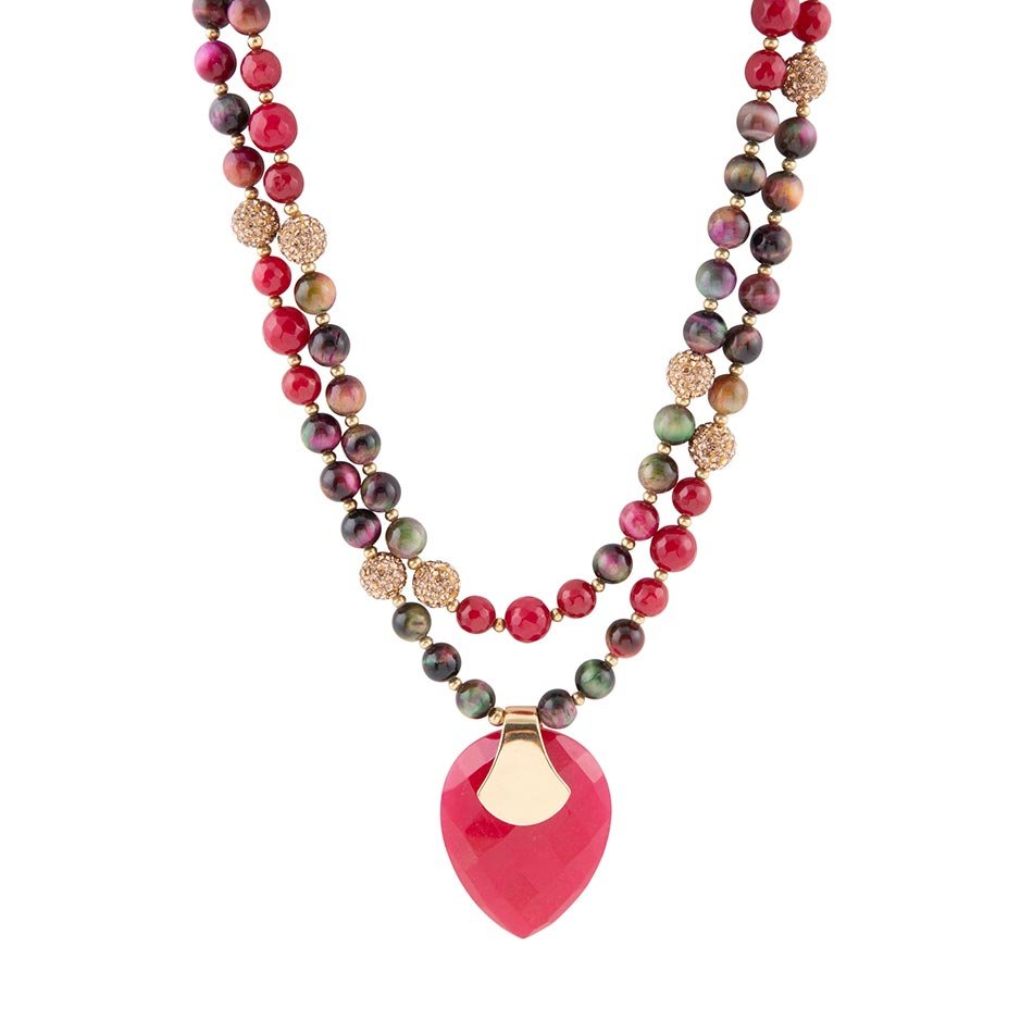 Jeweled Multi-Color Tiger's Eye and Rasberry Quartz Pendant Golden Necklace - Barse Jewelry