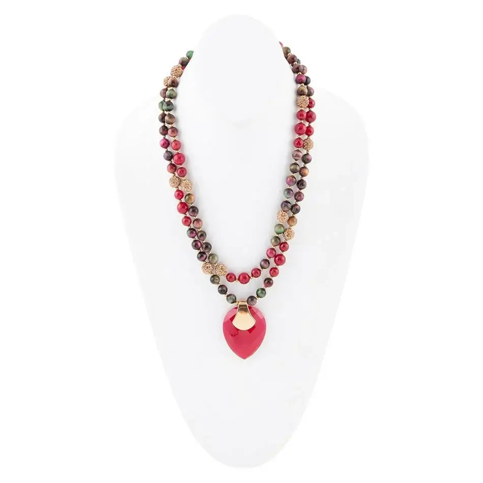 Jeweled Multi-Color Tiger's Eye and Rasberry Quartz Pendant Golden Necklace - Barse Jewelry - Flyclothing LLC