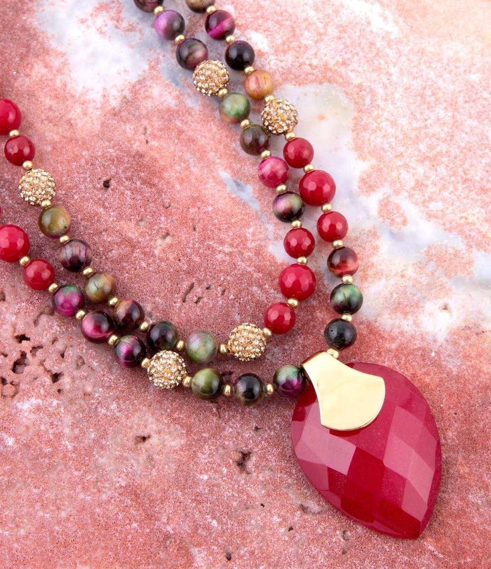 Jeweled Multi-Color Tiger's Eye and Rasberry Quartz Pendant Golden Necklace - Barse Jewelry - Flyclothing LLC