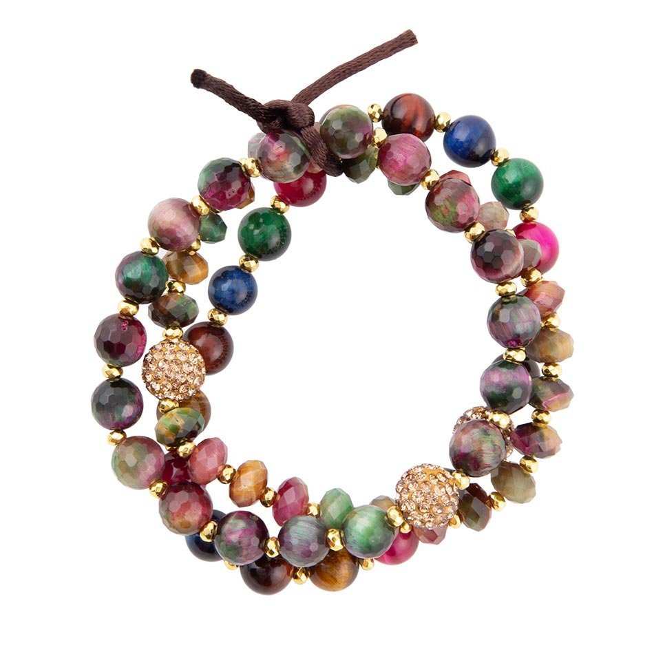 Jeweled Multicolor Tiger's Eye Triple Strand Golden Bracelet Set - Barse Jewelry - Flyclothing LLC