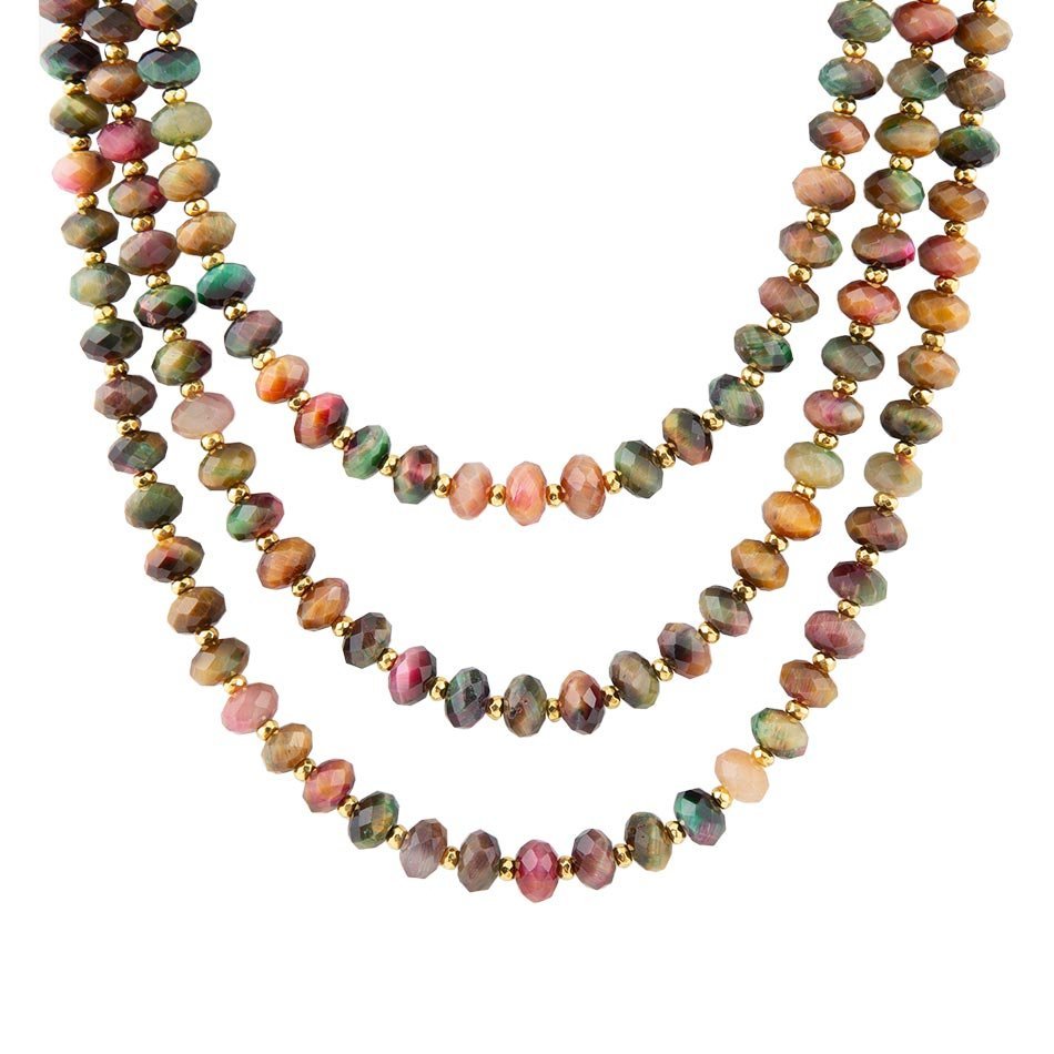 Jeweled Multi-Color Tiger's Eye Triple Strand Golden Necklace - Barse Jewelry