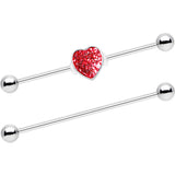 14G Red Glitter Heart Industrial Barbell 38mm Set of 2 - BodyCandy - Flyclothing LLC
