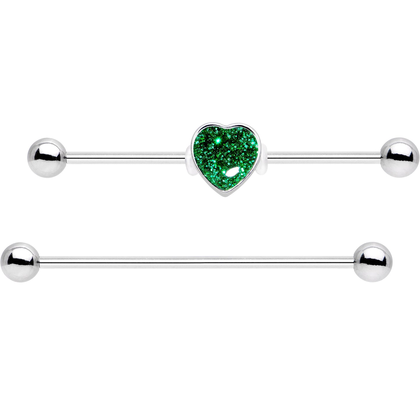 14G Green Glitter Heart Industrial Barbell 38mm Set of 2 - BodyCandy - Flyclothing LLC