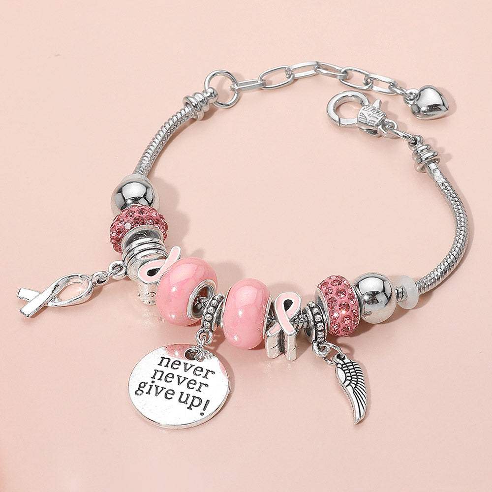 Never Give Up Disc Wing Pink Ribbon Charm Multi Beaded Bracelet - Madeline Love - Flyclothing LLC
