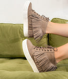 Nick Fringe Sneaker Wedge in Taupe - Naughty Monkey
