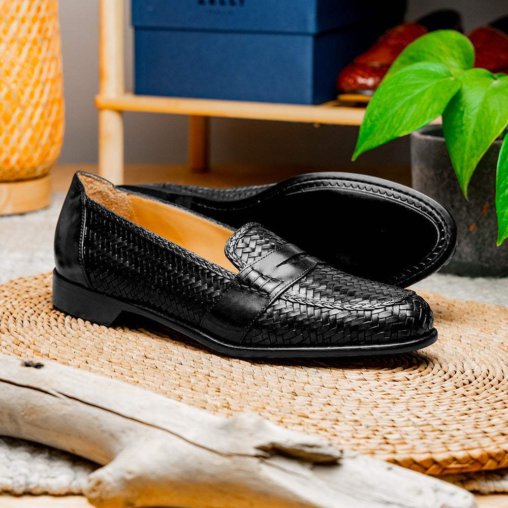 15-585-BLK NICOLA Italian Calfskin Basketweave, Black - Zelli Italia - Flyclothing LLC