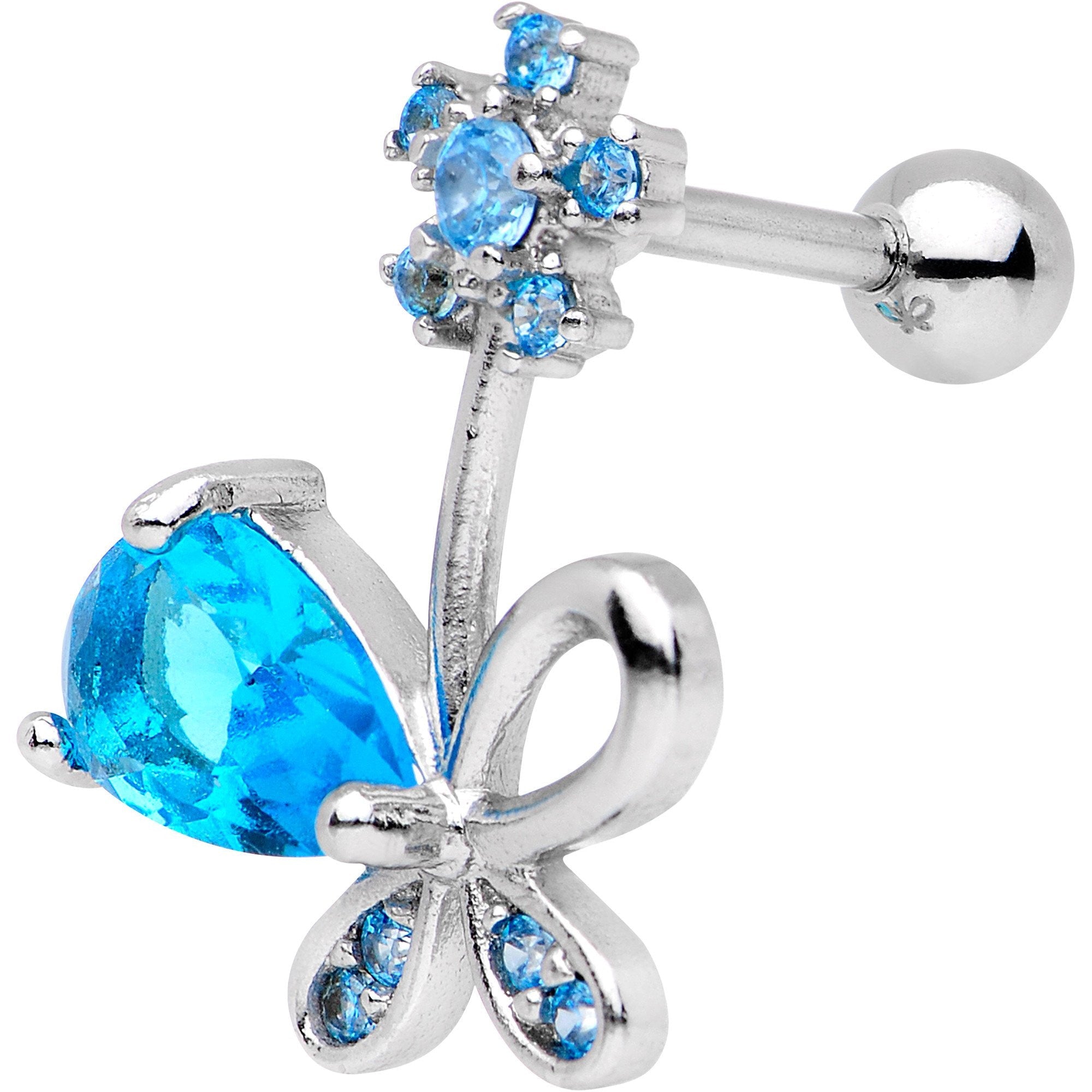 Blue CZ Gem Glamour Bow Left Cartilage Tragus Earring - BodyCandy - Flyclothing LLC