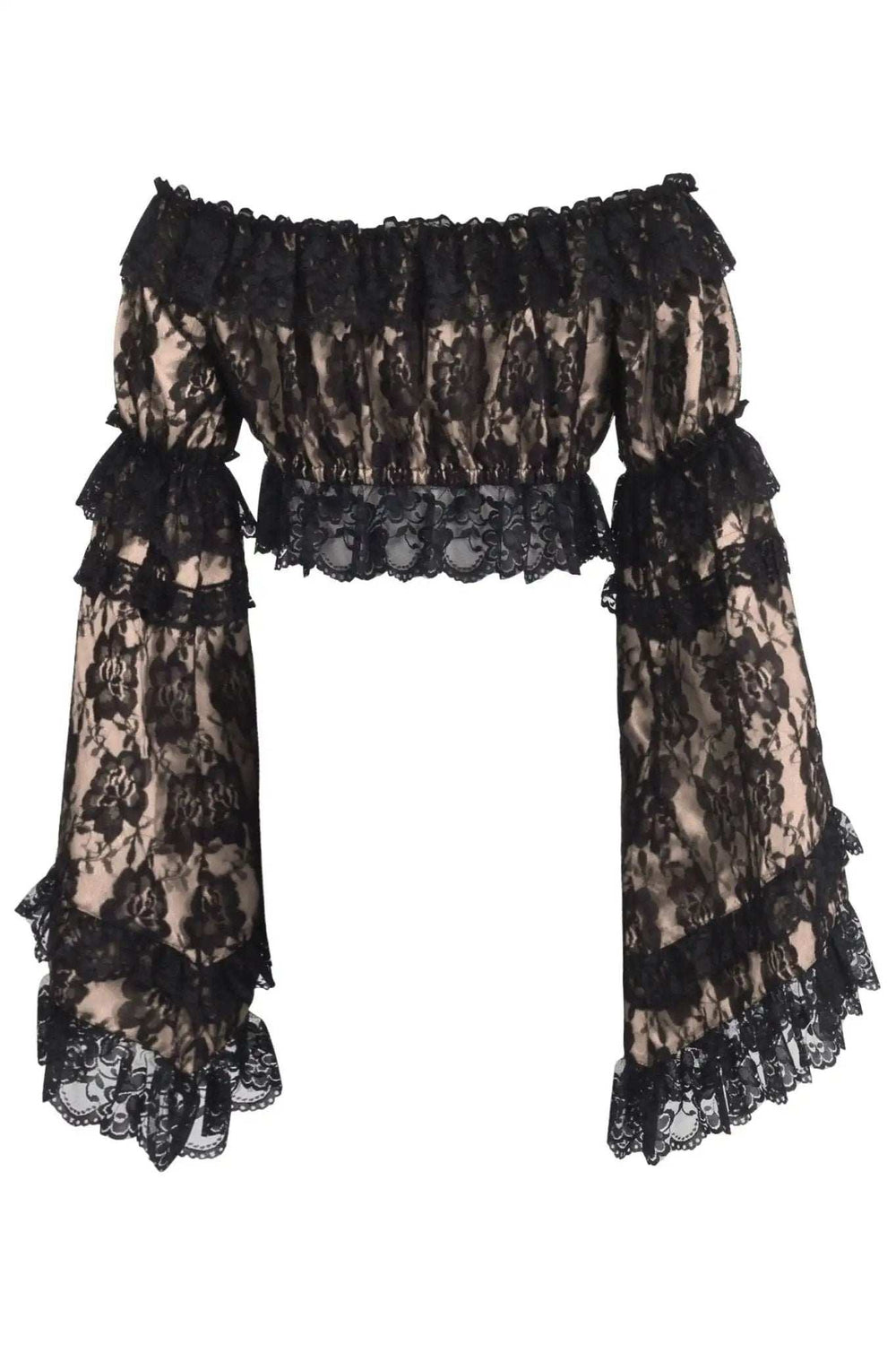 Daisy Corsets Nude/Black Lace Smocked Flare Sleeve Peasant Top - Daisy Corsets - Flyclothing LLC