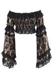 Daisy Corsets Nude/Black Lace Smocked Flare Sleeve Peasant Top - Daisy Corsets