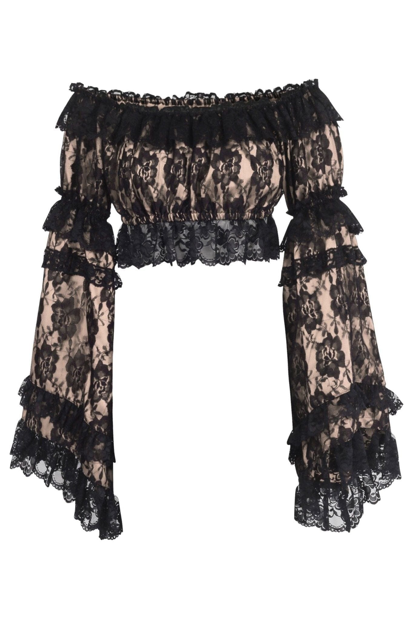 Daisy Corsets Nude/Black Lace Smocked Flare Sleeve Peasant Top