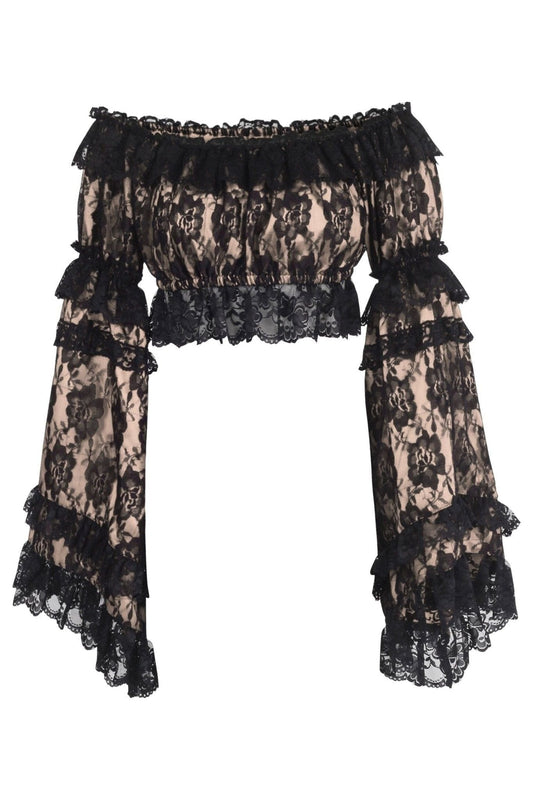 Daisy Corsets Nude/Black Lace Smocked Flare Sleeve Peasant Top