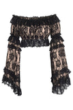 Daisy Corsets Nude/Black Lace Smocked Flare Sleeve Peasant Top - Daisy Corsets