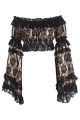 Daisy Corsets Nude/Black Lace Smocked Flare Sleeve Peasant Top