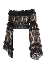 Daisy Corsets Nude/Black Lace Smocked Flare Sleeve Peasant Top
