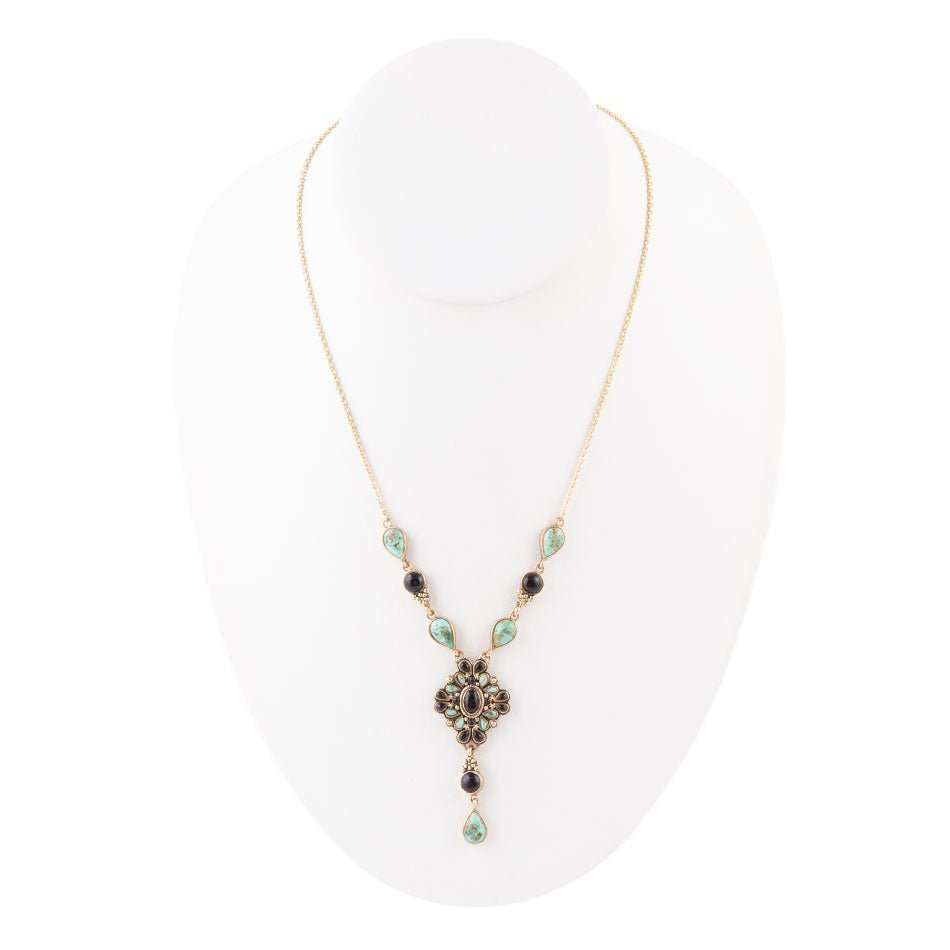 Barcelona Black Onyx and Blue Turquoise Golden Y-Necklace - Barse Jewelry - Flyclothing LLC