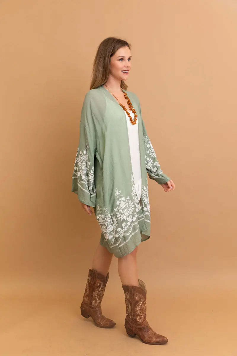 Embroidered Floral Vine Kimono – Elegant and Lightweight - Boho Clothing and Accessories - Flyclothing LLC