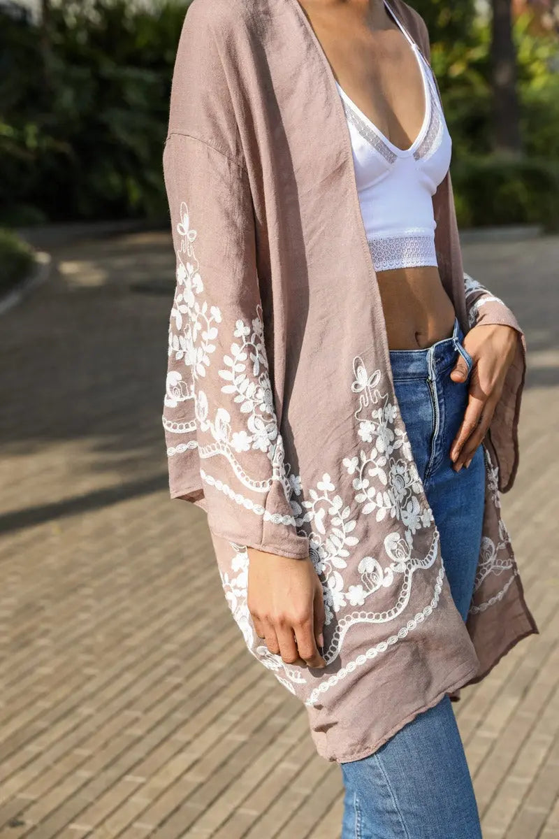 Embroidered Floral Vine Kimono – Elegant and Lightweight - Boho Clothing and Accessories - Flyclothing LLC