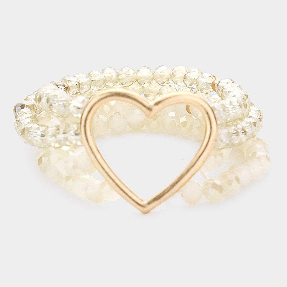 Open Metal Heart Accented Multi Layered Faceted Beaded Stretch Bracelet - Madeline Love - Flyclothing LLC