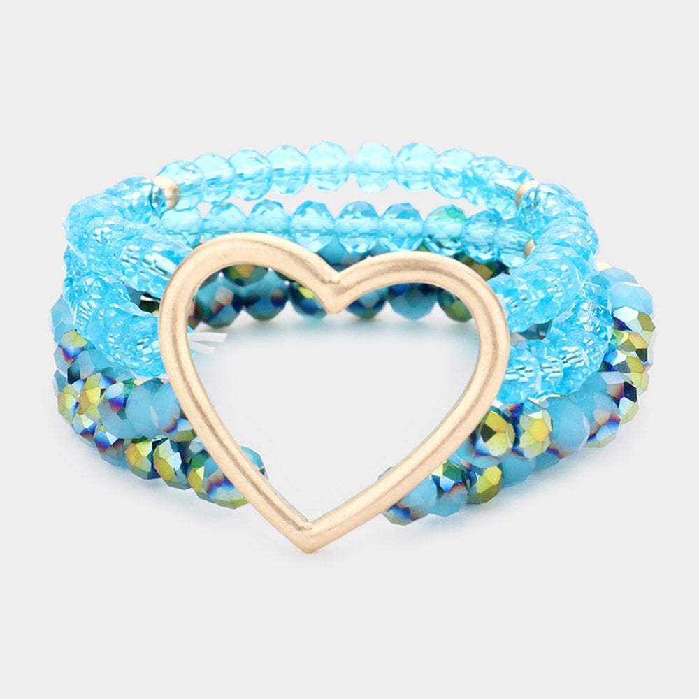 Open Metal Heart Accented Multi Layered Faceted Beaded Stretch Bracelet - Madeline Love - Flyclothing LLC
