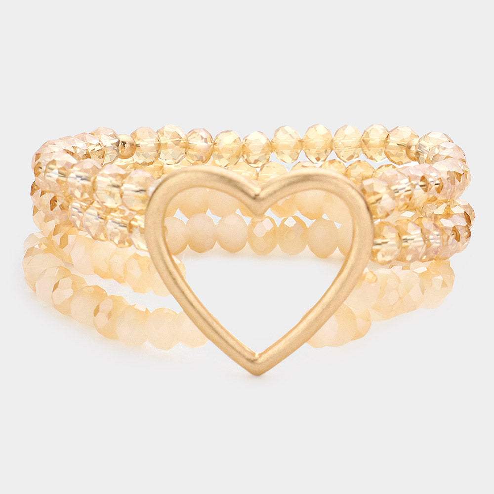 Open Metal Heart Accented Multi Layered Faceted Beaded Stretch Bracelet - Madeline Love - Flyclothing LLC