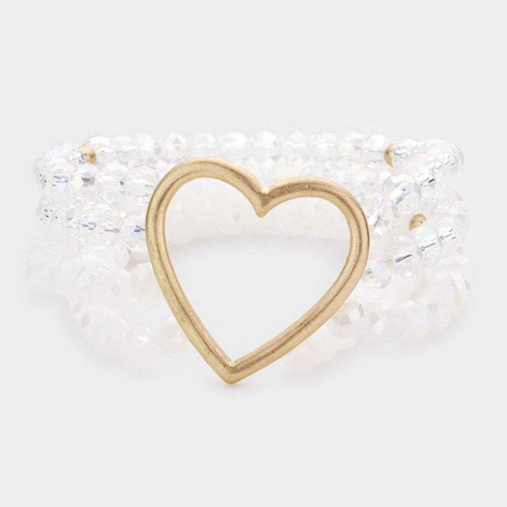 Open Metal Heart Accented Multi Layered Faceted Beaded Stretch Bracelet - Madeline Love - Flyclothing LLC