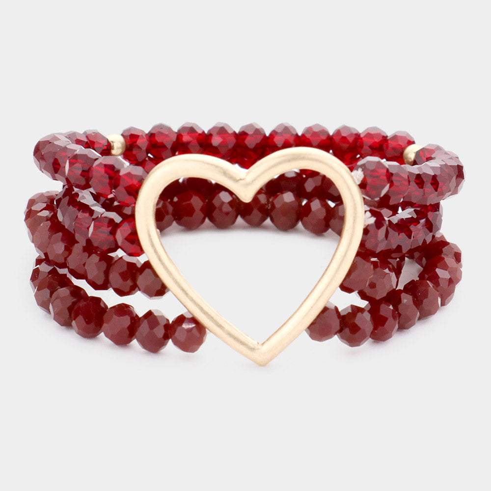 Open Metal Heart Accented Multi Layered Faceted Beaded Stretch Bracelet - Madeline Love - Flyclothing LLC