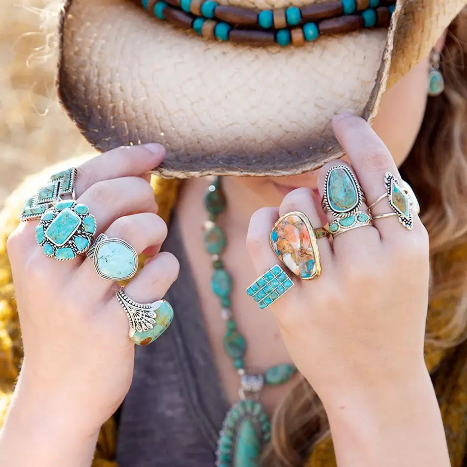 Orange Spiny Oyster and Blue Turquoise Matrix Abstract Golden Ring - Barse Jewelry - Flyclothing LLC